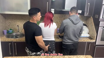 Friend of husband comes in and fondles his wife while the husband is cooking.