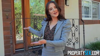 Brown-haired real estate agent seduces a choosy client and sells him a house.