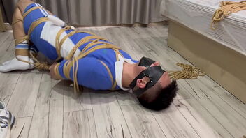 Asian stud enjoys bondage, tapegagging, and electro-hitachi play before ejaculation.